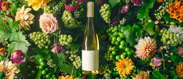Fototapeta A bottle of white wine is surrounded by a bunch of flowers. Concept of relaxation and enjoyment
