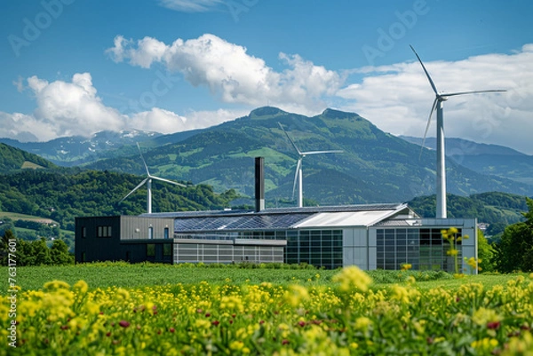 Fototapeta Discover an eco-friendly industrial revolution with a modern factory powered by solar energy and wind turbines in a picturesque green landscape