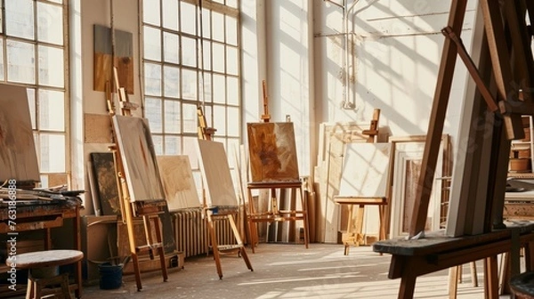 Obraz A sunny artist studio with empty canvases on easels AI generated illustration