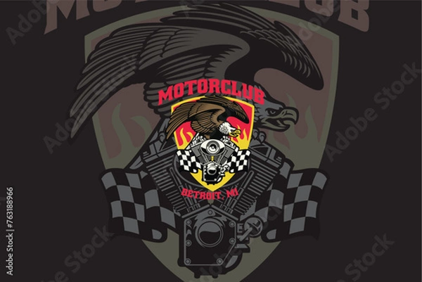 Fototapeta The “Biker” logo with the image of an eagle reflects freedom, power and sharp vision. It depicts the spirit of adventure and independence in driving, marking the courage and determination