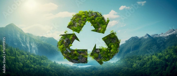 Fototapeta A mountain range with a green recycling symbol in the middle