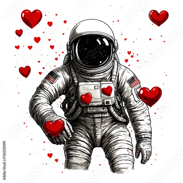 Fototapeta astronaut with red hearts on a white background 
