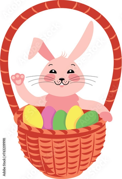Fototapeta Bunny in a basket with Easter eggs. Vector element in flat style isolated on transparent background.
