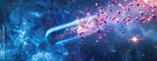 Fototapeta Dynamic Release of Medical Capsule Contents. Conceptual image of a capsule dispersing advanced pharmaceutical compounds.