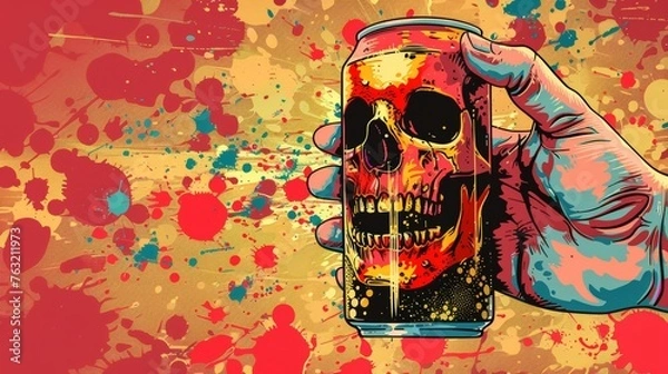 Fototapeta Colorful Illustration of a Hand Holding a Skull-Printed Soda Can Against a Splattered Background