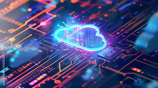 Fototapeta Cloud storage. A digital service or application that transfers data to a server or hosting service. Data transfer protection and data center connection network. Web-based cloud, Generative Ai