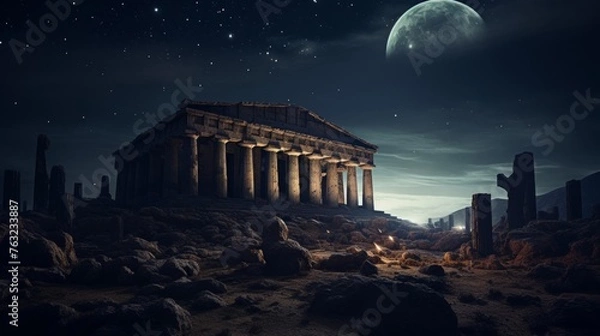 Fototapeta Otherworldly landscape with Greek temple aliens observe in wonder