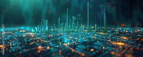 Obraz Digital cityscape with glowing bar graphs and arrows, representing the power of technology in data, online business and financial trade