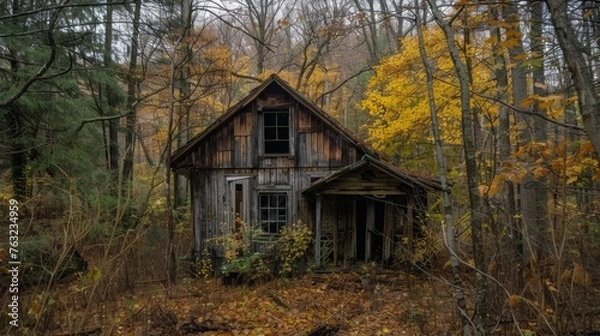 Obraz Abandoned wooden cabin in autumn forest