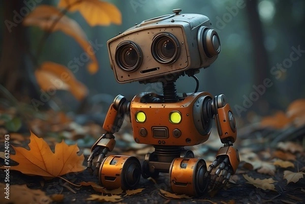 Fototapeta A small, cute robot sitting among fallen autumn leaves in a forest Generative AI