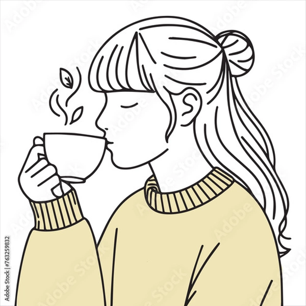 Fototapeta a girl drinking tea, minimal design, outline with solid fill color, background white vector illustration line art 1