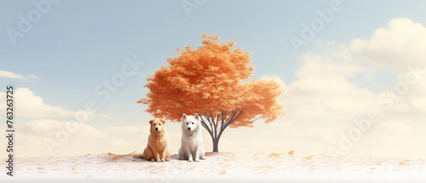 Obraz A serene digital artwork featuring two dogs sitting peacefully under a beautifully colored autumn tree on a snowy landscape with a soft pastel sky, evoking warmth, companionship, and tranquility