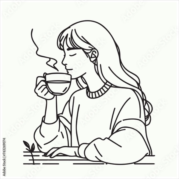 Fototapeta a girl drinking tea, minimal design, outline with solid fill color, background white vector illustration line art