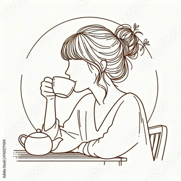 Fototapeta a girl drinking tea, minimal design, outline with solid fill color, background white vector illustration line art