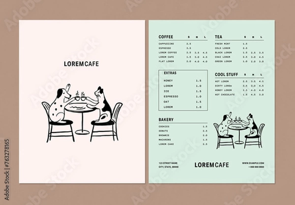 Obraz Coffee Menu Template with Cat and Dog Illustration