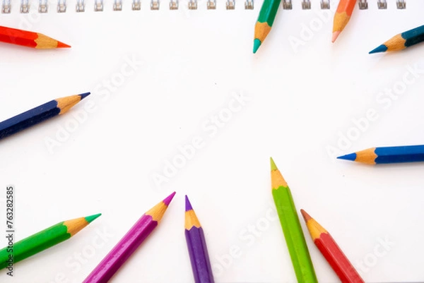 Fototapeta book mockup white paper with color pencils education background