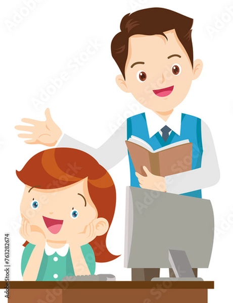 Fototapeta happy teacher and student learning computer