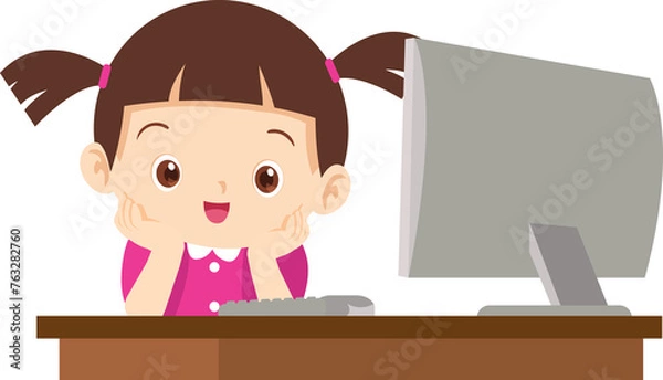 Fototapeta cute child sitting use computer to study