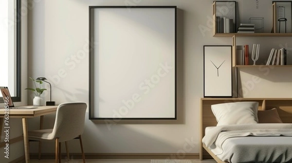 Fototapeta frame mockup in minimalist bedroom interior, student bedroom design, 3d rendering, 3d illustration