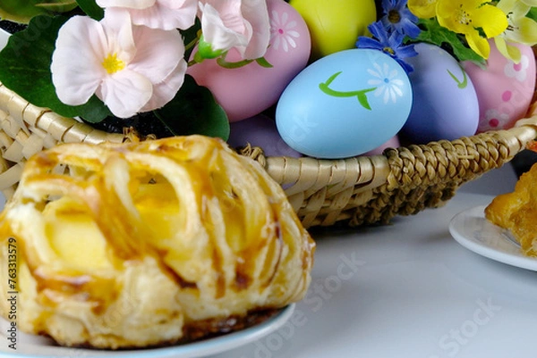 Fototapeta Bakery with colorful Easter Eggs in the basket celebrate Easter Day Festival backgrounds promotional materials design idea copy space stock photo