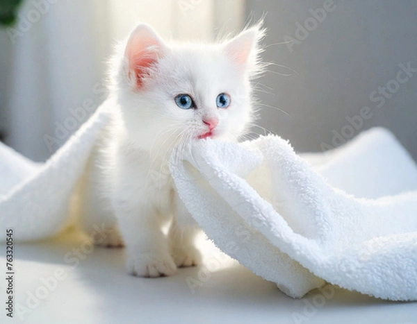 Obraz 白いタオルを咥える白いペルシャ猫の子猫