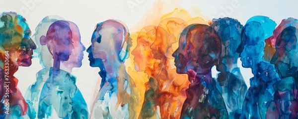 Fototapeta Diverse group of individuals standing closely together, bodies forming a line. They are looking towards camera with neutral expressions, displaying different heights, ages, genders. Banner. Copy space