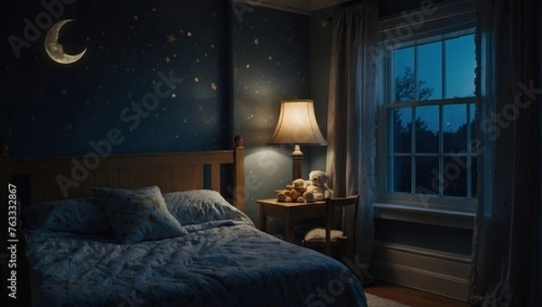 Fototapeta Baby's nighttime bedroom as moonlight streams through the windows, casting gentle shadows across the front of the room, creating a serene and comforting atmosphere