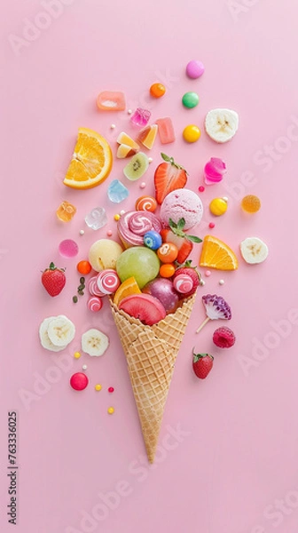 Fototapeta An ice cream cone with fruits with lot of colorful and pop candy and sauce