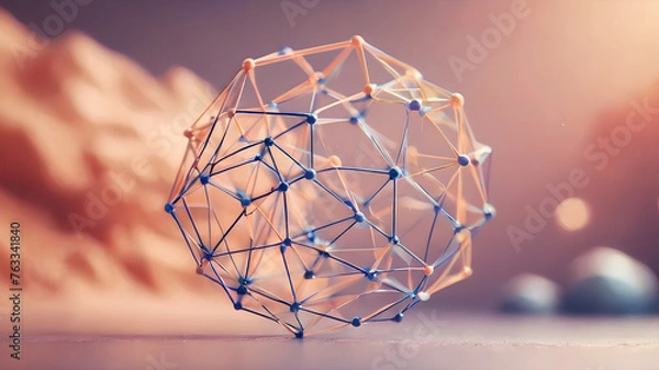 Fototapeta Wireframe of Abstract polygonal geometric shape with mesh net dots lines and connections .  AI generated image, ai