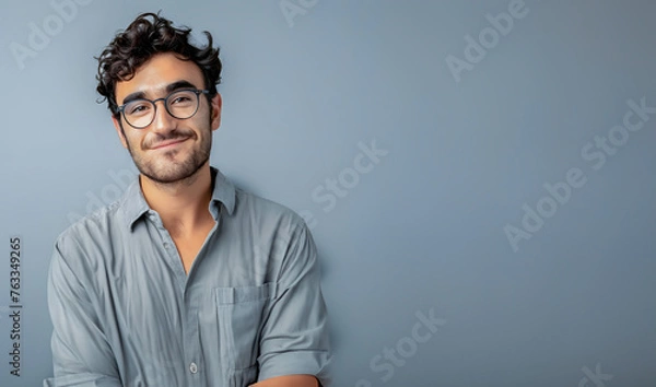Fototapeta A young man with curly hair and glasses smiles confidently against a solid grey background, exuding casual charm.

