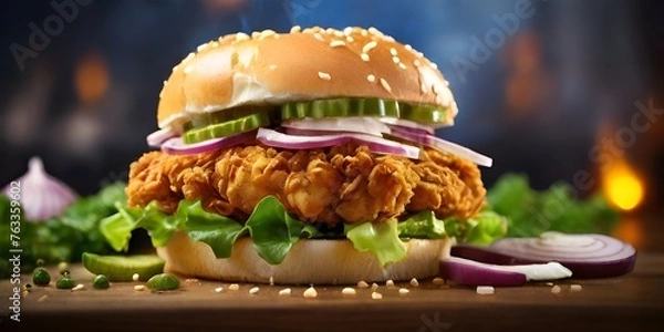 Obraz crispy fried chicken zinger burger with lettuce and tomato, fresh chicken burger sandwich fast food commercial advertisement banner with copy space area, zinger cheese burger on a wooden tabletop