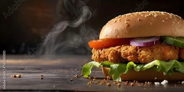 Obraz crispy fried chicken zinger burger with lettuce and tomato, fresh chicken burger sandwich fast food commercial advertisement banner with copy space area, zinger cheese burger on a wooden tabletop