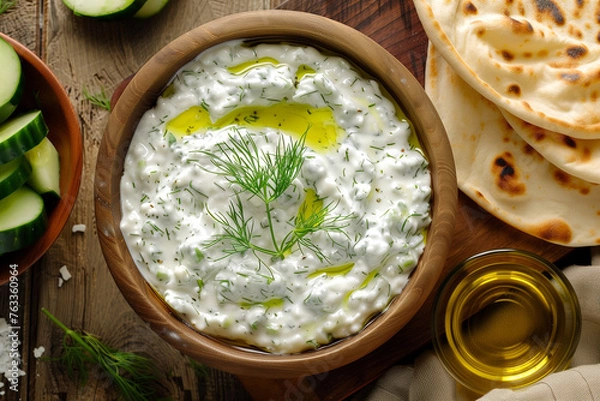Fototapeta Overhead View Tzatziki with Fresh Ingredients. Overhead shot of tzatziki in a bowl with cucumbers and naan, fit for recipe sites.