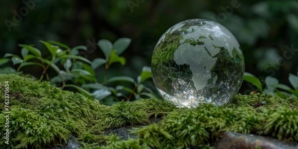 Fototapeta Glass globe on a mossy surface symbolizing environmental concepts