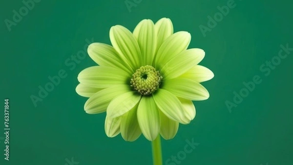 Fototapeta One green flower on green monochrome background. Copy space, place for text, empty space. View from above.