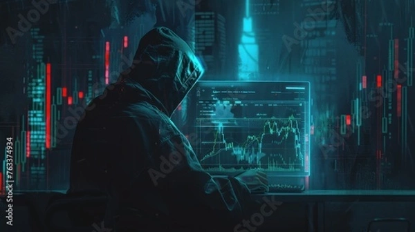 Fototapeta A lone hacker works on a laptop with financial market data illuminating the darkened room