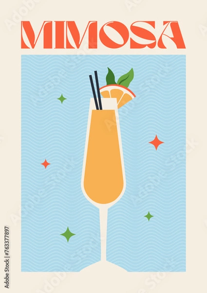 Fototapeta Poster drink. Cocktail art. Mimosa cocktail. Retro posters with alcohol cocktails. 90s 80s 70s groovy posters. Modern trendy print. Drink with fruit and ice.