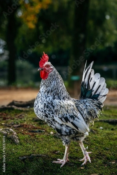 Fototapeta Beautiful cockerel with a white mane walks with his chickens in the garden. chickens on traditional free range poultry