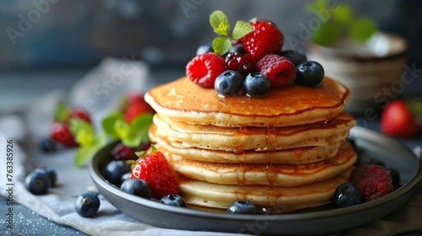 Fototapeta Pancakes with berries and honey syrup,background, banner,