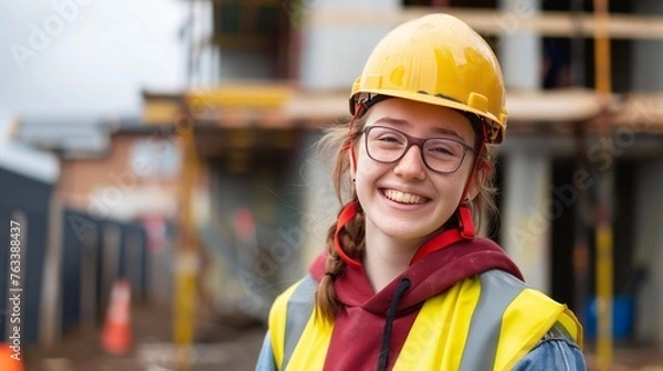 Fototapeta Smiling young worker in safety helmet and glasses on a building site. Happy female engineer with a colorful vest at a construction area.