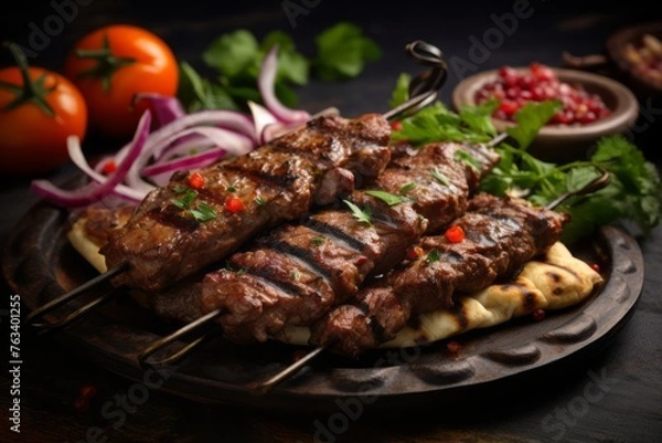 Obraz Tempting kebab on a rustic plate against a galvanized steel background
