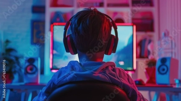 Obraz Young boy playing games on a computer at home