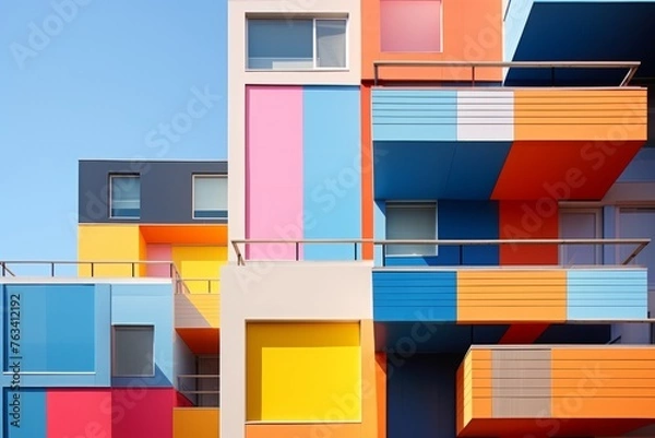 Fototapeta Vibrant and colorful building with multiple balconies and intricate details