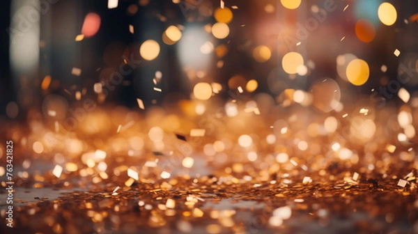Fototapeta Golden confetti on the floor with sparkling light bokeh background. Celebration and party concept.