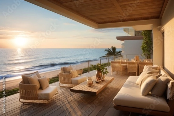 Fototapeta Coastal elegance: a beach house with a spacious balcony and ocean views