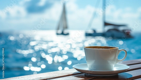 Fototapeta Cup of hot coffee on a wooden table with a view on yachts