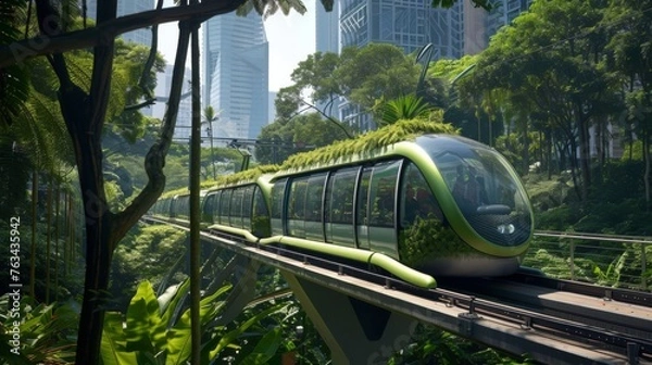 Fototapeta A sleek, green monorail train glides through a verdant cityscape, showcasing a harmonious blend of modern transportation and lush greenery in an eco-friendly urban environment.