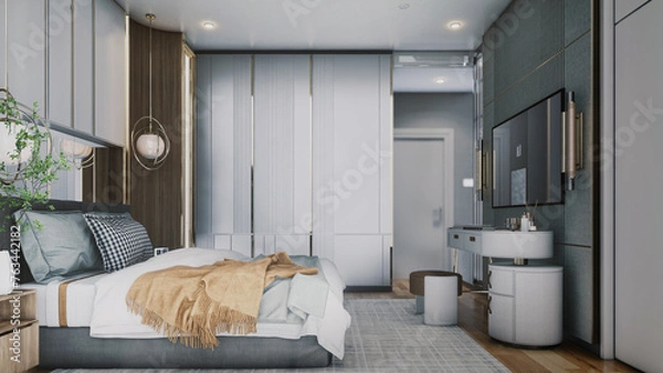 Fototapeta 3d rendering of the modern bedroom bedroom has curved wooden walls, a wooden floor, a double bed on a gray carpet, two bedside tables with books and plants, and a large window.