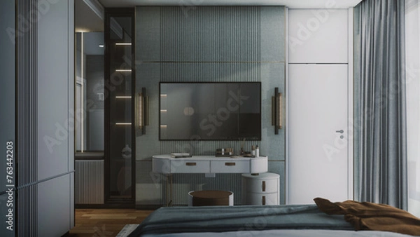 Fototapeta 3d rendering of the modern bedroom bedroom has curved wooden walls, a wooden floor, a double bed on a gray carpet, two bedside tables with books and plants, and a large window.