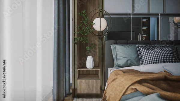 Fototapeta 3d rendering of the modern bedroom bedroom has curved wooden walls, a wooden floor, a double bed on a gray carpet, two bedside tables with books and plants, and a large window.